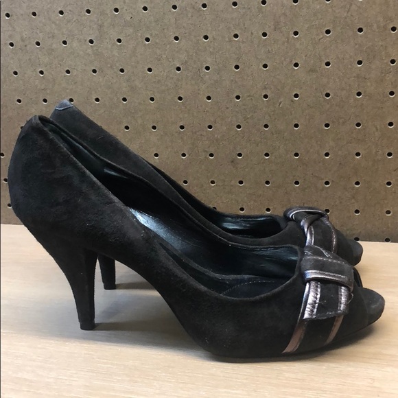 DKNYC Alicia Chocolate Suede Open Toe Heels sz 7.5 - Picture 2 of 8